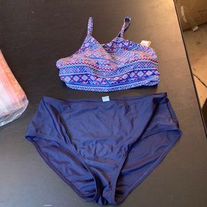 Charm Leaks Women's Blue Tribal Pattern Top, Blue Bottoms Bikini XL NWT